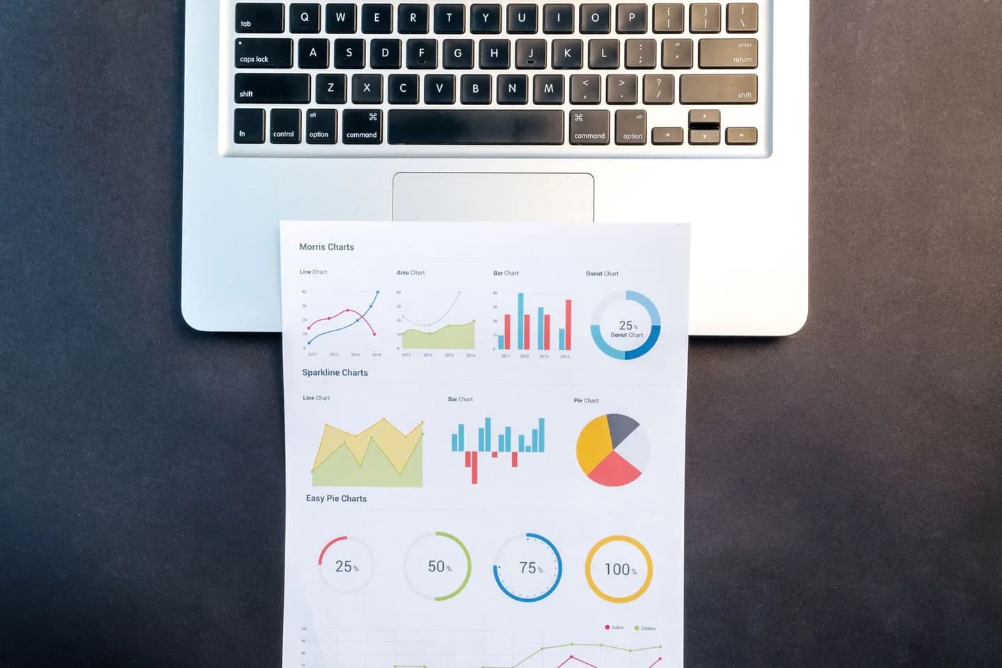 Printed charts laid over a laptop keyboard