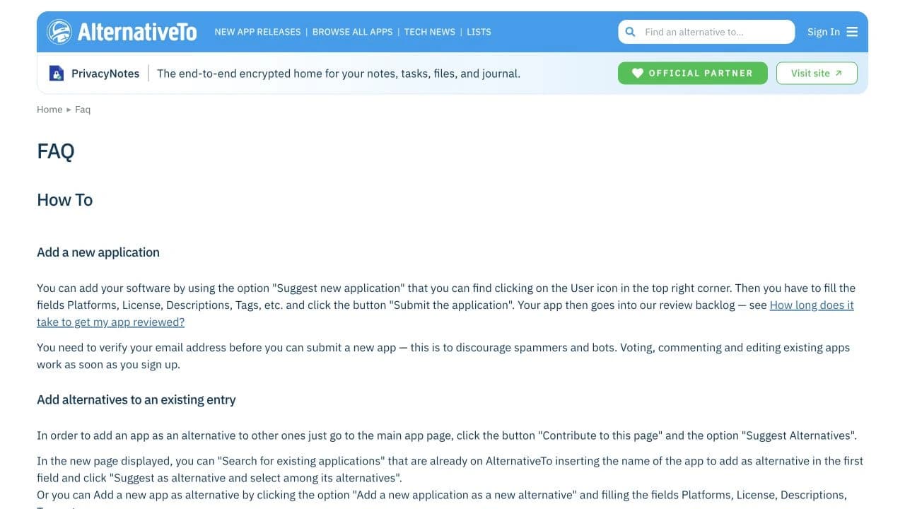 AlternativeTo application submission instructions naming platforms, descriptions and tags