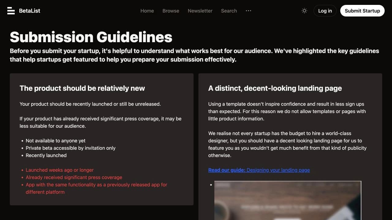 BetaList submission guidelines for recently launched or unreleased technology products