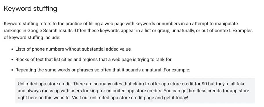 Google Search Central keyword stuffing policy with examples of unnatural keyword repetition