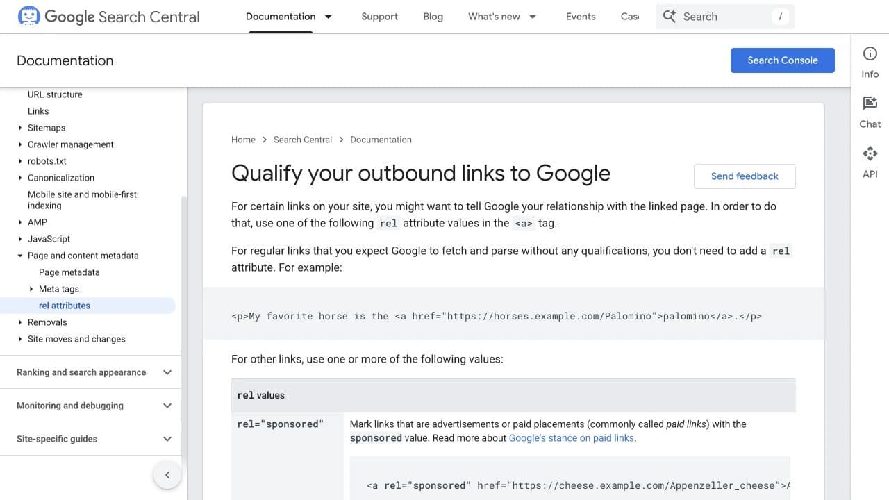 Google Search Central guidance showing rel attributes for outbound links