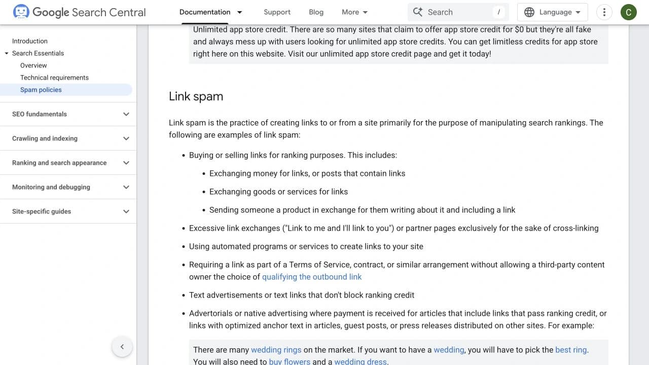 Google Search Central link spam policy with examples of links intended to manipulate rankings