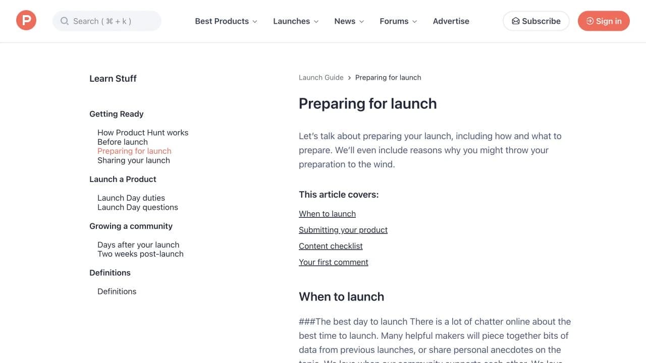 Product Hunt preparing for launch guide with launch timing and submission instructions