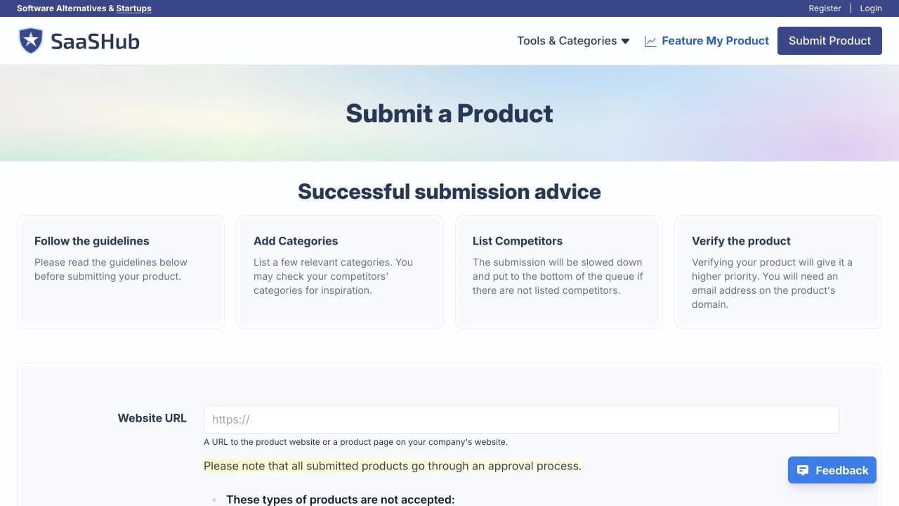 SaaSHub product submission page with listing advice and a website URL field
